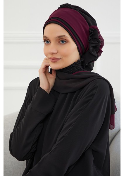 Çift Renkli Tasarım Şifon Hazır Türban Siyah - Mürdüm Ht-86