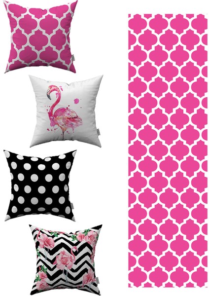 Pembe Siyah Geometrik Flamingo Desenli 4'lü Kırlent Kılıfı 1 Runner Seti 4KMBS021-RS