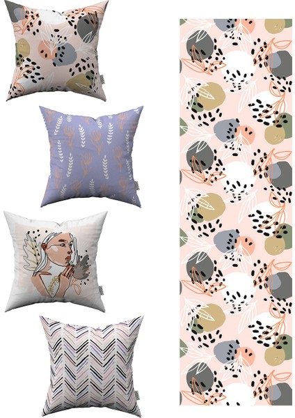 Lila Pembe Soyut Dekoratif Desenli 4'lü Kırlent Kılıfı 1 Runner Seti 4KMBS052-RS-03