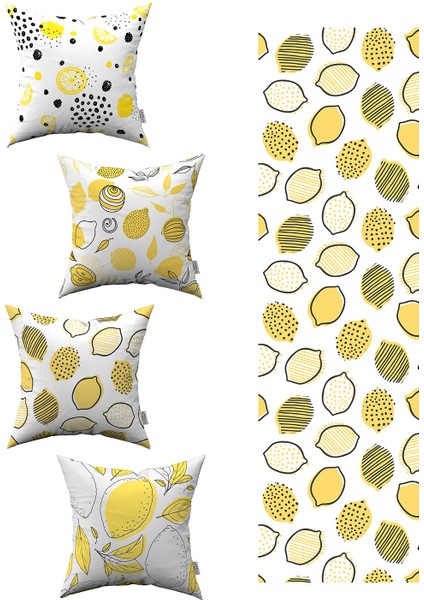 Beyaz Sarı Limon Desenli 4'lü Kırlent Kılıfı 1 Runner Seti 4KMBS91-RS-01