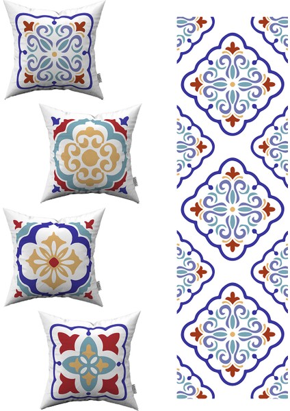 Kırmızı Mavi Modern Etnik Karo Desenli 4'lü Kırlent Kılıfı 1 Runner Seti 4KMBS99-RS-04