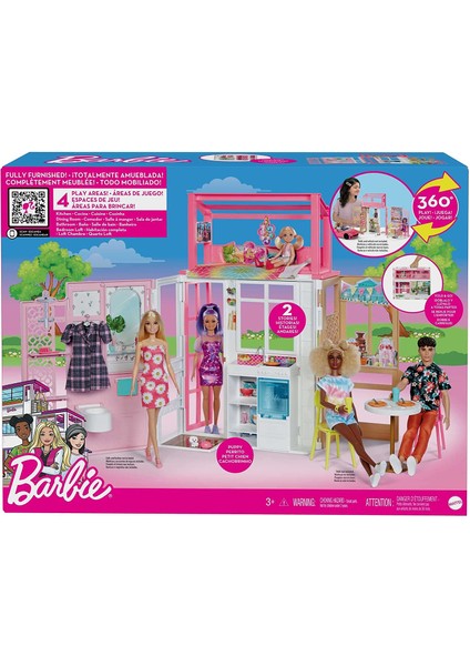 Barbie'nin Taşınabilir Portatif Evi, 2 kat ve 4 oyun alanı, yavru köpek ve aksesuarlar dahil mobilyalı ev, 3 yaş ve üzeri HCD47