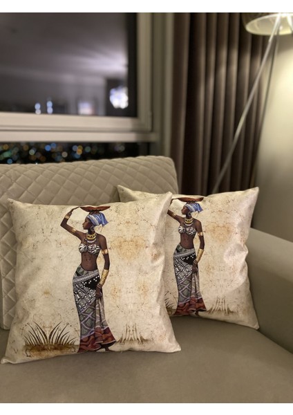 Afrika Kadın Baskılı Dekoratif 2'li Kırlent Kılıfı Seti