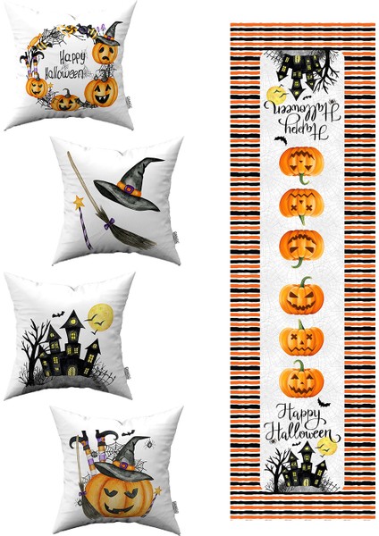 Turuncu Halloween Balkabağı Desenli 4'lü Kırlent Kılıfı 1 Runner Seti 4KMBS133-RS