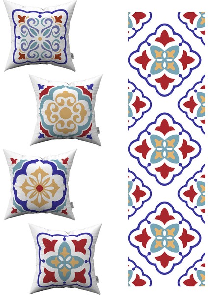 Kırmızı Mavi Modern Etnik Karo Desenli 4'lü Kırlent Kılıfı 1 Runner Seti 4KMBS99-RS-03