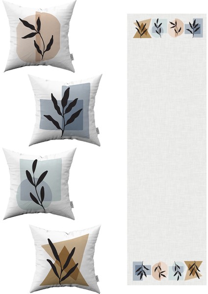 Kahverengi Mavi Modern Soyut Yaprak Desenli 4'lü Kırlent Kılıfı 1 Runner Seti 4KMBS107-RS