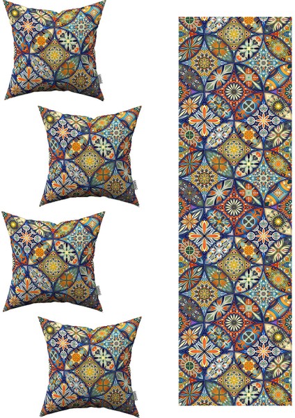 Mavi Retro Vintage Desenli 4'lü Kırlent Kılıfı 1 Runner Seti 4KMBS225-RS