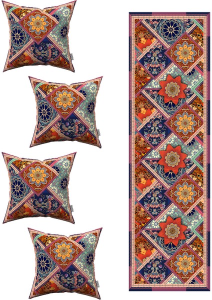 Kahverengi Etnik Vintage Desenli 4'lü Kırlent Kılıfı 1 Runner Seti 4KMBS229-RS-01