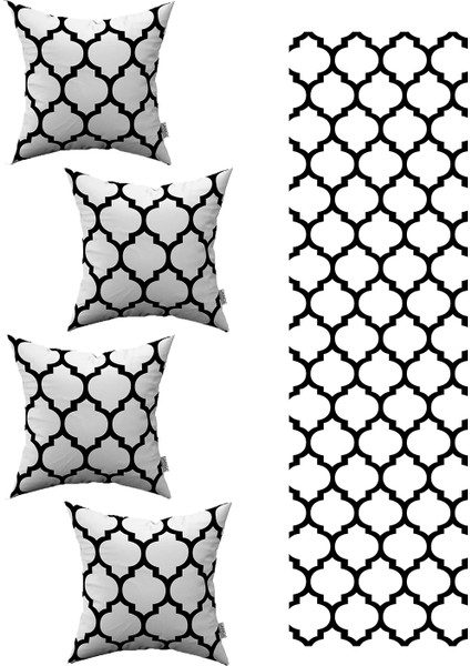 Siyah Beyaz Modern Geometrik Desenli 4'lü Kırlent Kılıfı 1 Runner Seti 4KMBS233-RS
