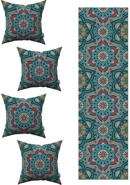 Yeşil Turuncu Retro Vintage Desenli 4'lü Kırlent Kılıfı 1 Runner Seti 4KMBS241-RS