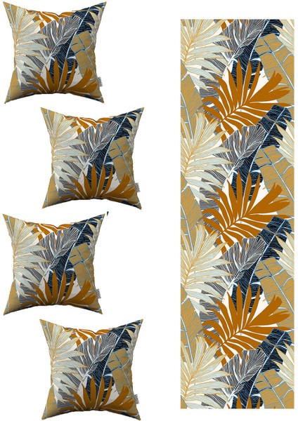Kahverengi Tropikal Yaprak Desenli 4'lü Kırlent Kılıfı 1 Runner Seti 4KMBS243-RS