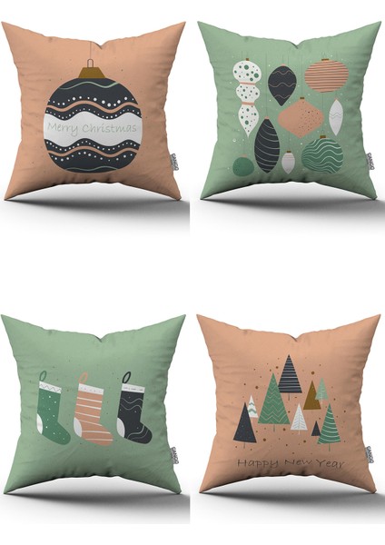 Pembe Yeşil Yılbaşı Temalı 4'lü Kırlent Kılıfı Seti 4KMBS162
