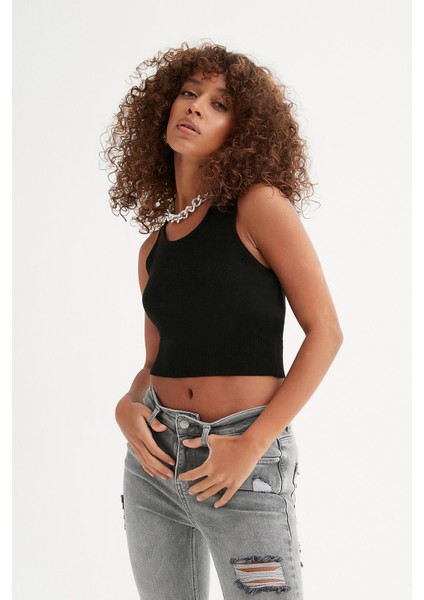 Sıfır Kol Crop Triko Bluz