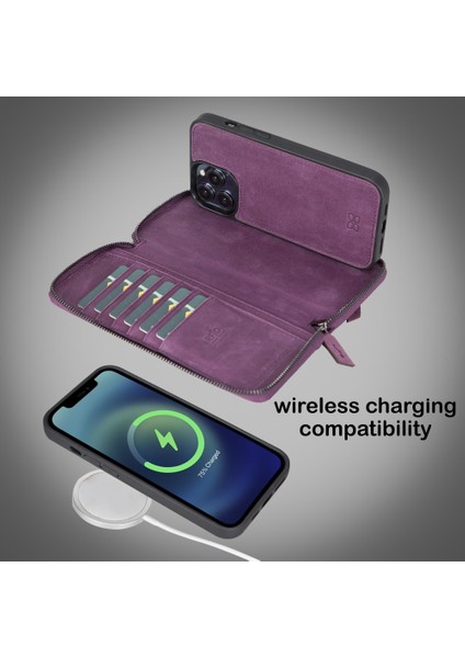 Apple iPhone 13 Pro Uyumlu Deri Fermuarlı Cüzdan Kılıf Cz7 Mor modelleri
