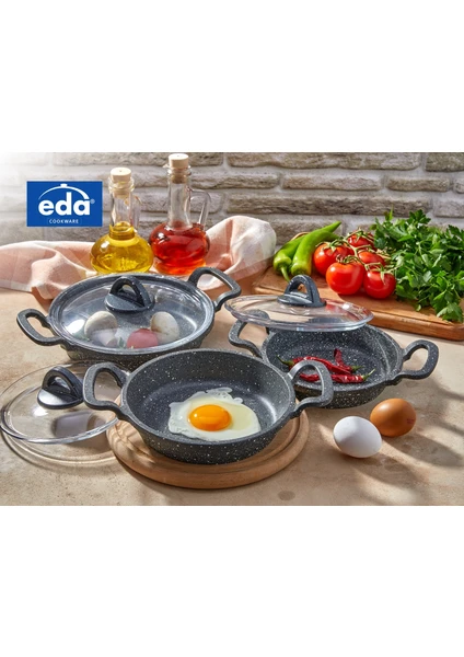 Eda Cookware Asya 3'lü Sahan Seti Cam Kapaklı Döküm Gri Yuvarlak