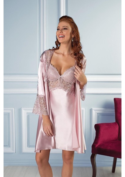 6625 Altılı Saten Gecelik - Sabahlık Takımı