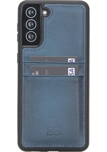 Samsung Galaxy S21 Uyumlu Deri Kartlıklı Arka Kapak BRN4EF Mavi