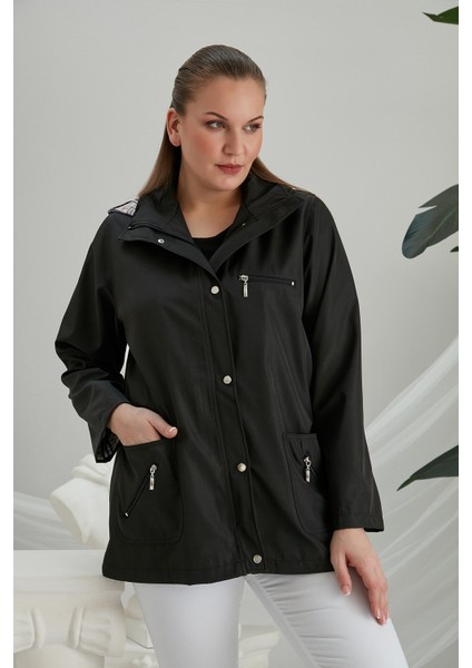Iç Astar Ekose Detaylı Büyük Beden Siyah Trençkot