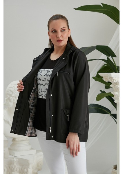 Iç Astar Ekose Detaylı Büyük Beden Siyah Trençkot fiyatları