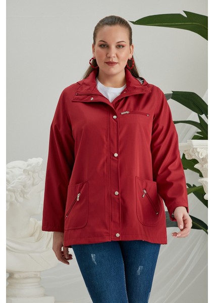 Iç Astar Ekose Detaylı Büyük Beden Bordo Trençkot