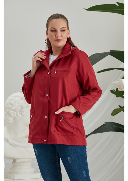 Iç Astar Ekose Detaylı Büyük Beden Bordo Trençkot modelleri