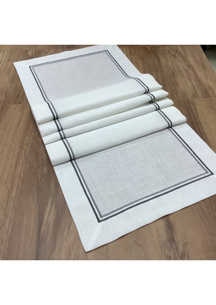 Oya Home Çift Pikolu Ranır -45*150 Cm-Kırık Beyaz Zemin&gri Dikiş