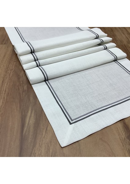 Oya Home Çift Pikolu Ranır -45*150 Cm-Kırık Beyaz Zemin&gri Dikiş