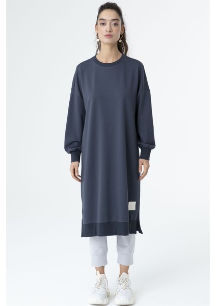 30645 Bisiklet Yaka 2 Iplik Uzun Diz Altı Tunik French Navy