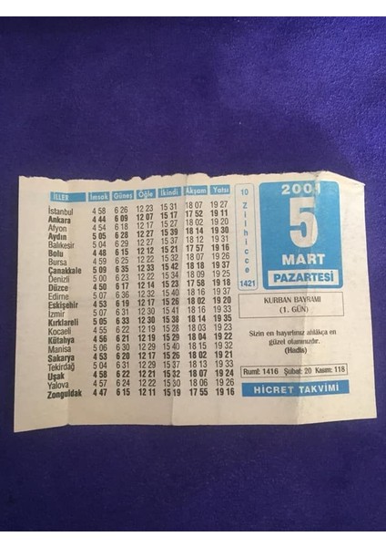 5 Mart 2001 Takvim Yaprağı - Nostalji Koleksiyonluk Takvim Yaprağı