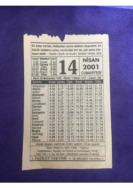 14 Nisan 2001 Takvim Yaprağı - Nostalji Koleksiyonluk Takvim Yaprağı