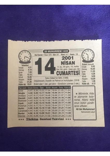 14 Nisan 2001 Takvim Yaprağı - Nostalji Koleksiyonluk Takvim Yaprağı B