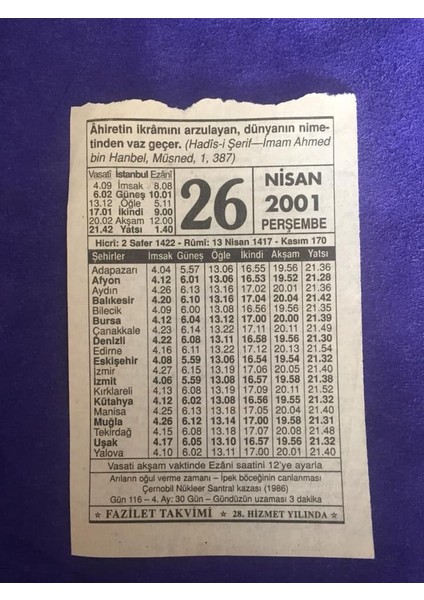26 Nisan 2001 Takvim Yaprağı - Nostalji Koleksiyonluk Takvim Yaprağı