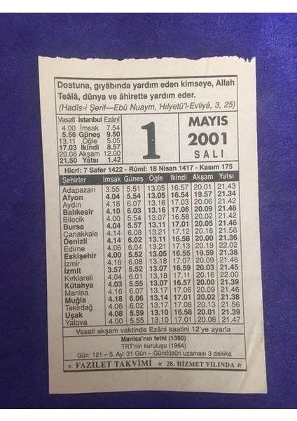 1 Mayıs 2001 Takvim Yaprağı - Nostalji Koleksiyonluk Takvim Yaprağı