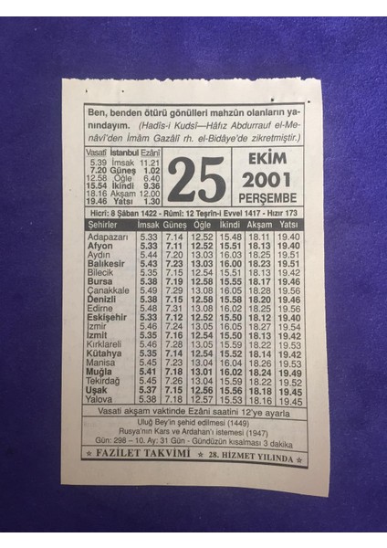 25 Ekim 2001 Takvim Yaprağı - Nostalji Koleksiyonluk Takvim Yaprağı