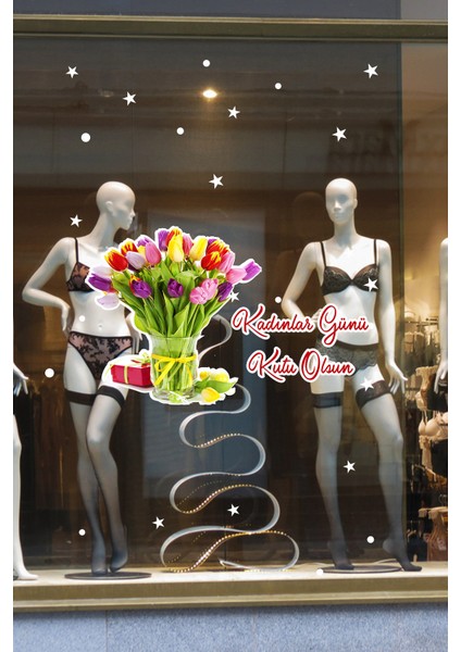 Laleler ve 8 Mart Kadınlar Günü Kutlu Olsun Indirim Yazısı Cam Vitrin Stickerı