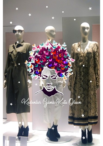 Kelebekler ve 8 Mart Kadınlar Günü Kutlu Olsun Indirim Yazısı Cam Vitrin Stickerı