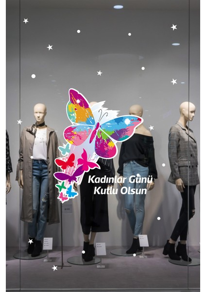 Kelebekler ve Kadınlar Günü Kutlu Olsun Indirim Yazısı Cam Vitrin Stickerı