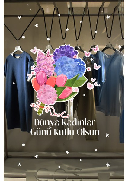 Çiçek Demeti ve Kadınlar Günü Kutlu Olsun Yazısı Vitrin Cam Stickerı