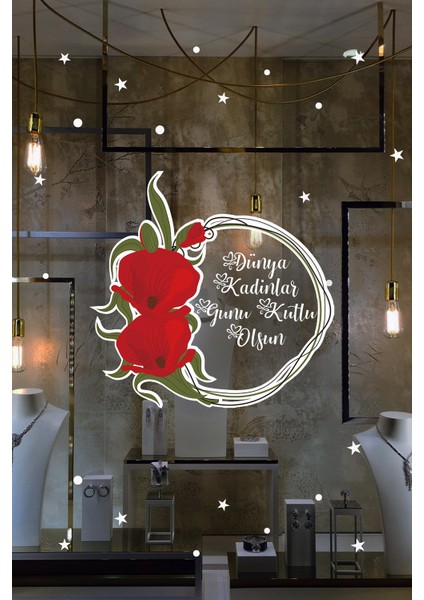 Kırmızı Çiçek ve Kadınlar Günü Kutlu Olsun Yazısı Vitrin Cam Stickerı
