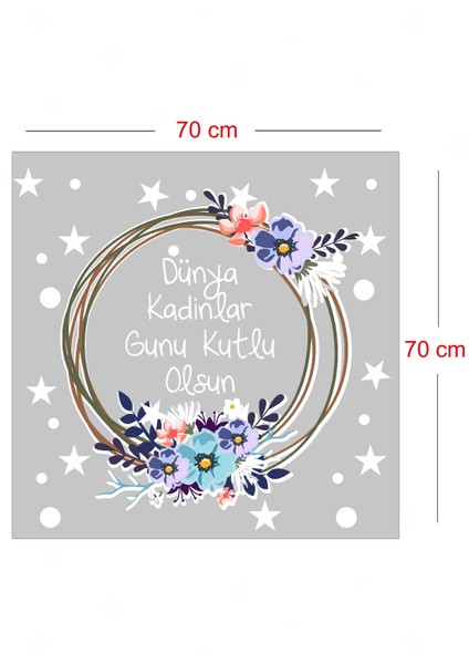 Mavi Çiçekler ve Kadınlar Günü Kutlu Olsun Yazısı Vitrin Cam Stickerı