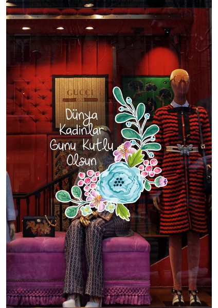 Mavi Çiçek ve Kadınlar Günü Kutlu Olsun Yazısı Vitrin Cam Stickerı