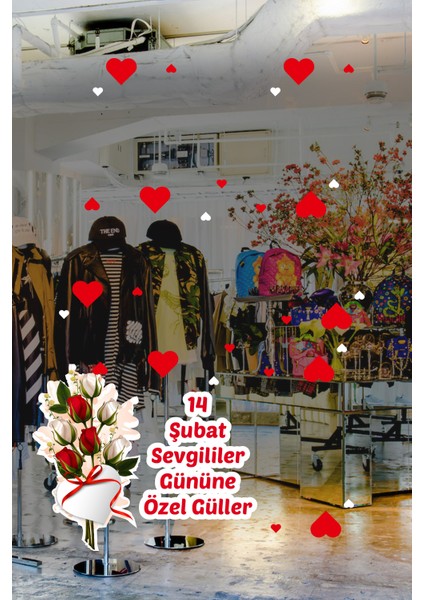 Çiçekçilere Özel 14 Şubat Sevgililer Gününe Özel Çiçekler Cam Vitrin Oda Sticker 70CM