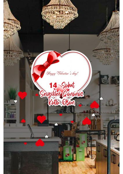 Kalp Happy Valentine’s Day Sevgililer Gününüz Kutlu Olsun Cam Vitrin Oda Stickerı 70CM