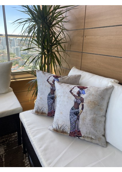 Afrika Kadın Desenli Çift Taraflı Dekoratif 2'li Kırlent Kılıfı Seti