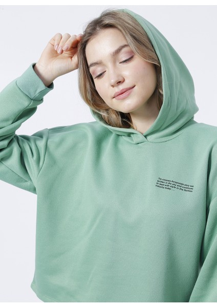 Kapüşonlu Crop Baskılı Kadın Yeşil Sweatshirt - K-GAIA-Y