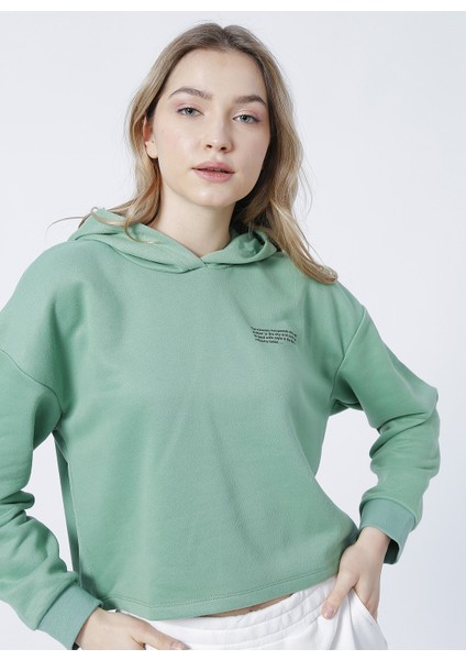 Kapüşonlu Crop Baskılı Kadın Yeşil Sweatshirt - K-GAIA-Y