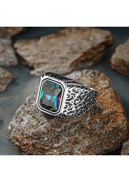 Zarif Mistik Topaz 925 Ayar Gümüş Erkek Yüzük