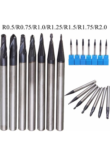 Faydalı Araçlar 7 Adet Tungsten Karbür 2 Flüt Bilyalı Uçlu Freze Seti Cnc Aracı Yarıçapı0.5-2.0mm(Yurt Dışından)