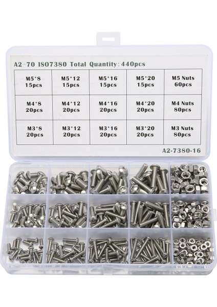 Aracı 440 Adet M3 M4 M5PASLANMAZ Çelik Düğme Başlı Soket Kapağı Vida ve Somun Takımı