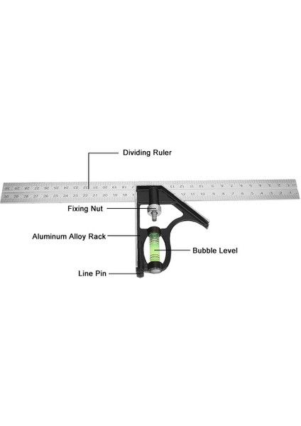 300MM Ayarlanabilir Kombinasyon Kare Açı Cetvel 45/90 Derece Kabarcık Seviyeli